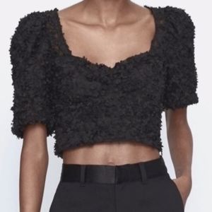 Zara Black Floral Embroidered Crop Top Size Medium